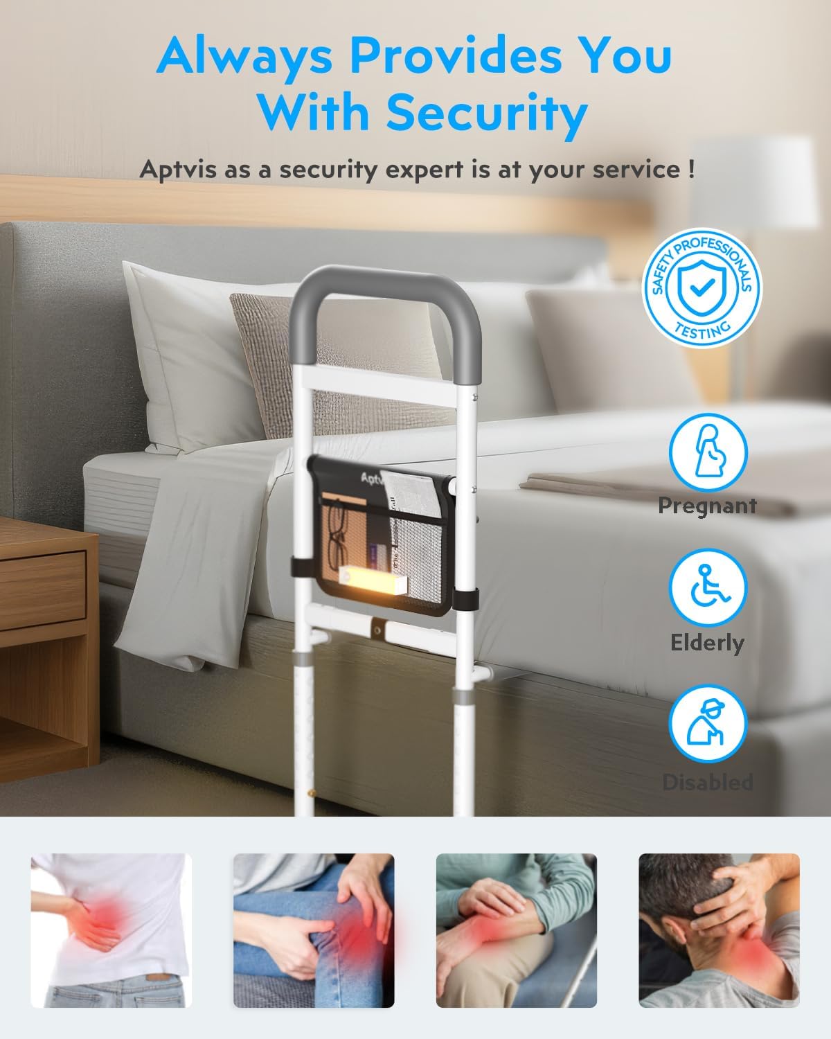 Bed Rails for Elderly Adults Safety - ASTM Compliant, 350 lb Heavy Duty Bed Assist Rail for Seniors, Adjustable Bed Cane with Non Slip Handle, Light & Pouch, Fits Twin Full Queen King Grey