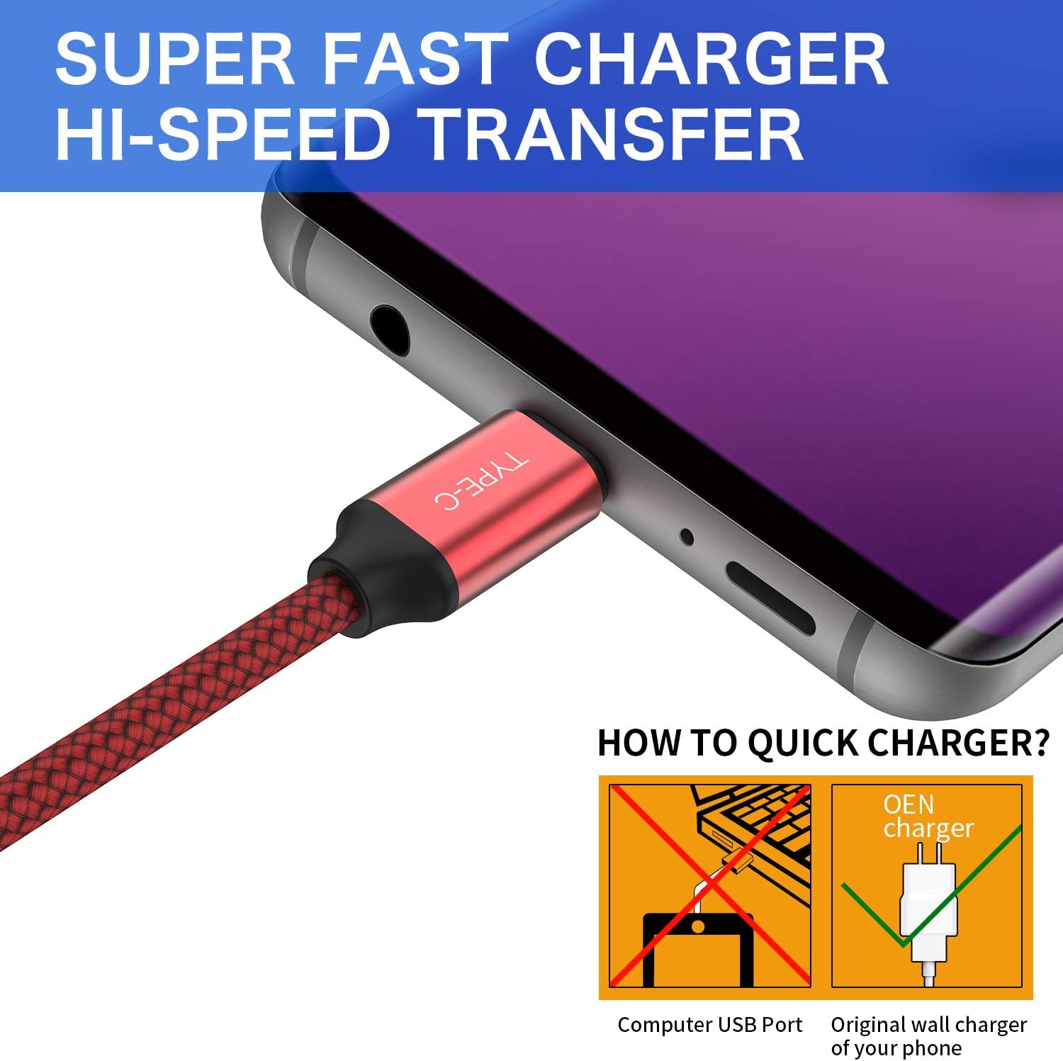 Short USB Type C Cable,OneKer(1ft 2-Pack) Portable USB-C Charger Nylon Braided Fast Charging Cord Compatible Samsung Galaxy S9 S8 Plus Note 9 8,LG G5 G6 V20 30,Google Pixel 2 XL,Power Bank (Red)