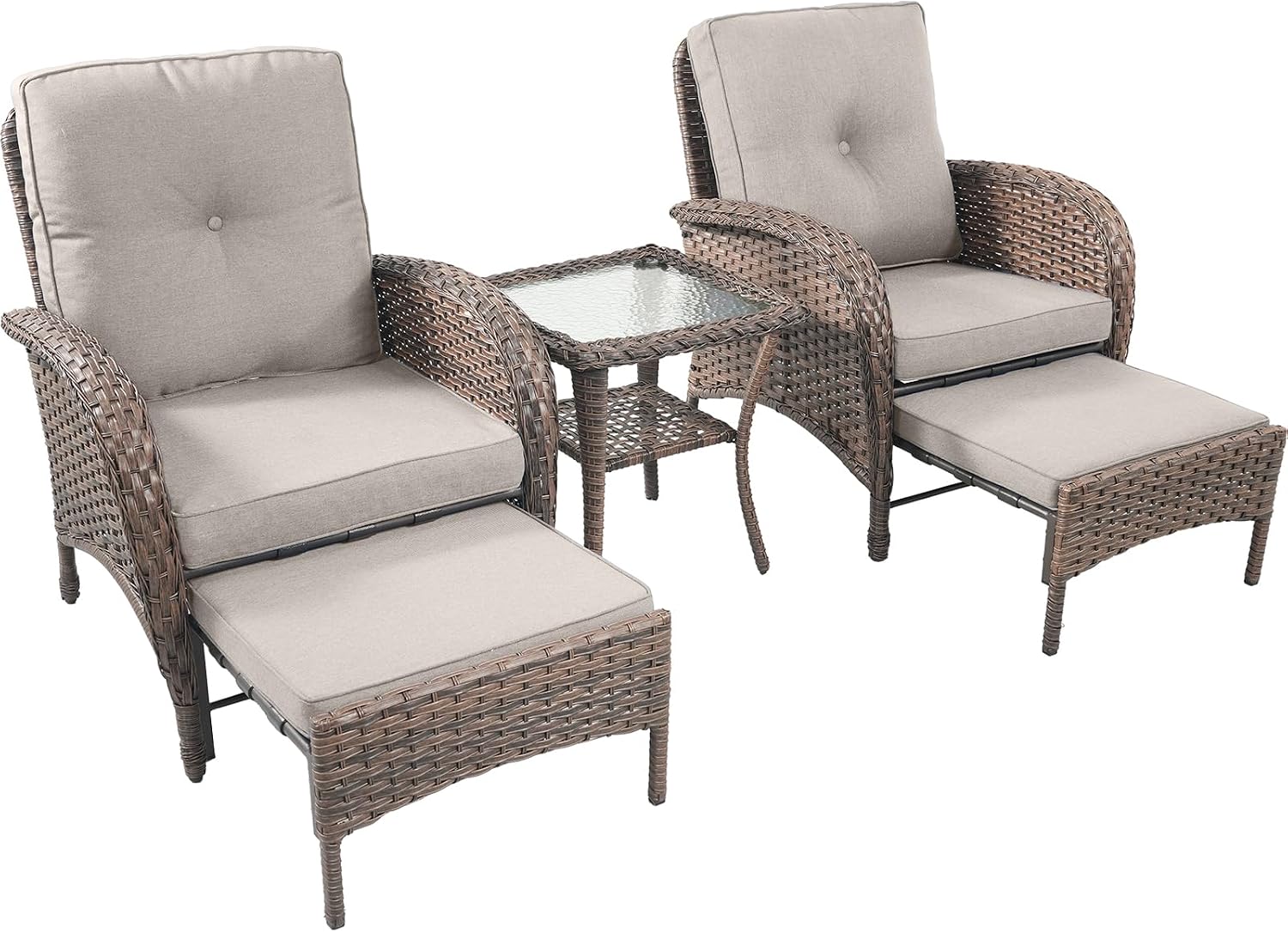 Rilyson Wicker Patio Furniture Set - 5 Piece Balcony Furniture Set with Hidden Ottomans, Rattan Outdoor Patio Chairs with Side Table for Porch Deck Poolside Garden Brown/Beige