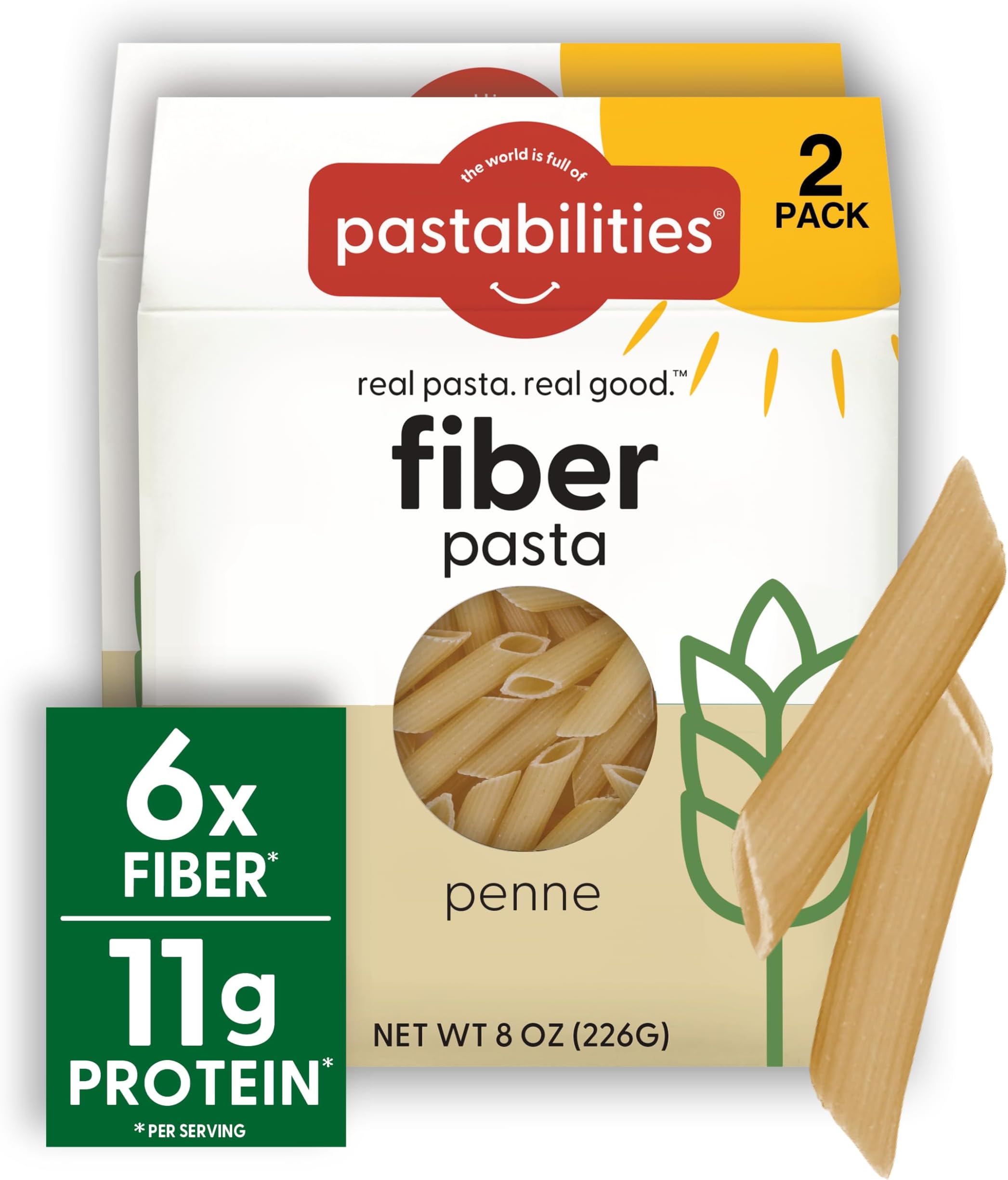 Pastabilities High Fiber Pasta - Penne Shaped - 11g Protein per serving, Delicious Taste & Texture, Excellent Source of Prebiotic Fiber, Plant-based, Vegan and Non GMO Certified (2 Pack, 8 Oz)