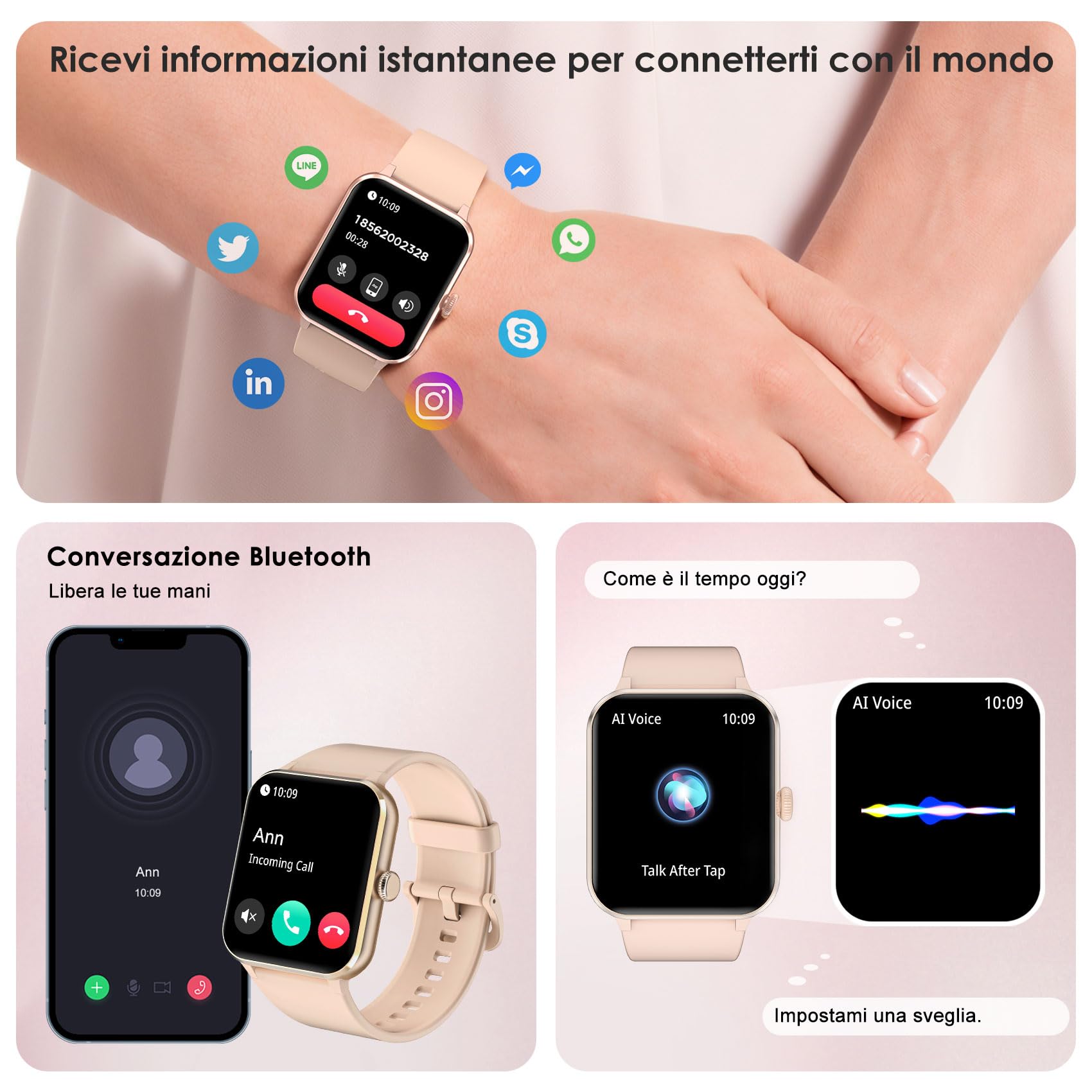 IOWODO Smartwatch,Orologio Fitness per Donna,1.85'' Smart Watch con Risposta Chiamate, Monitor del SpO2/ Sonno,24H Cardiofrequenzimetro,100 modalità Sportive,Fitness Tracker per Android iOS