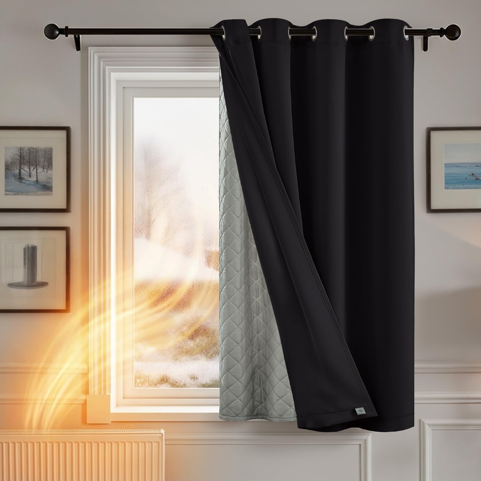 TOPICK Black Blackout Thermal Curtain with Removable Insulate Layer W52xL54