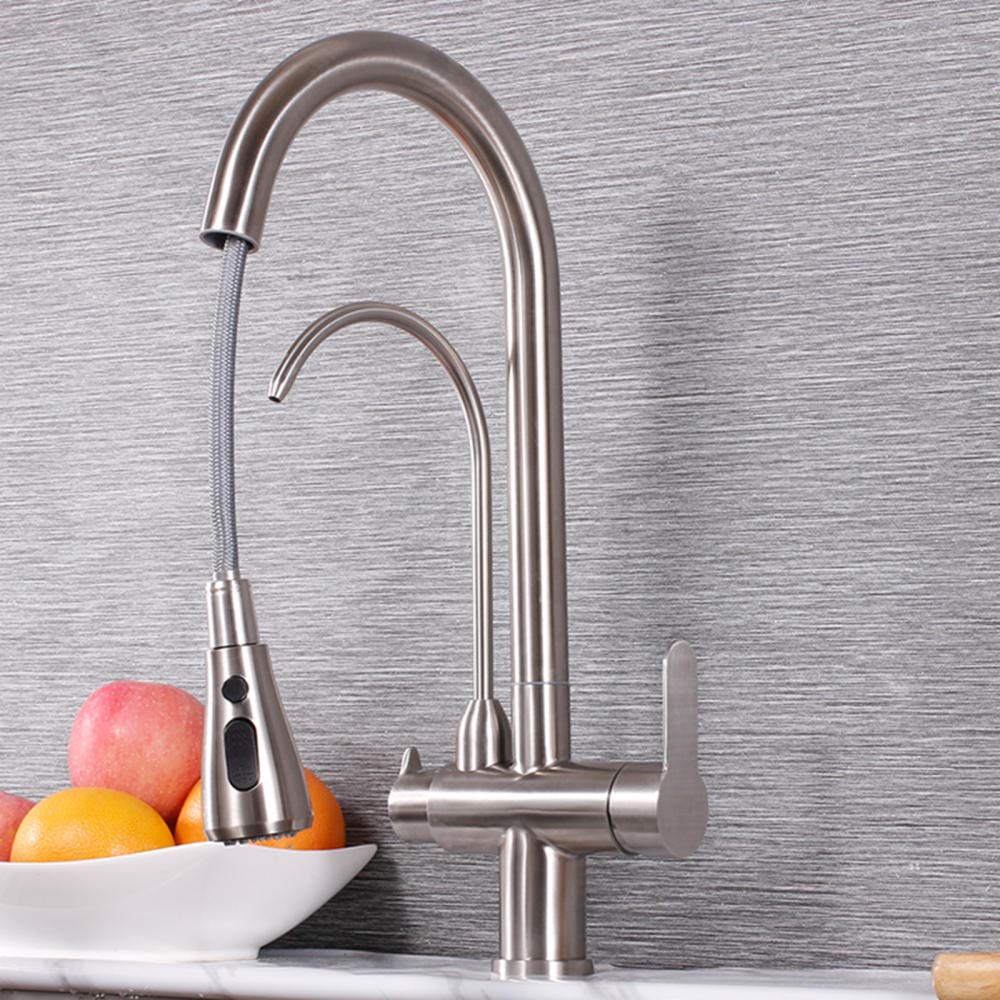 Robinet de cuisine 3 voies en acier inoxydable brossé avec mitigeur eau potable rotatif à 360°