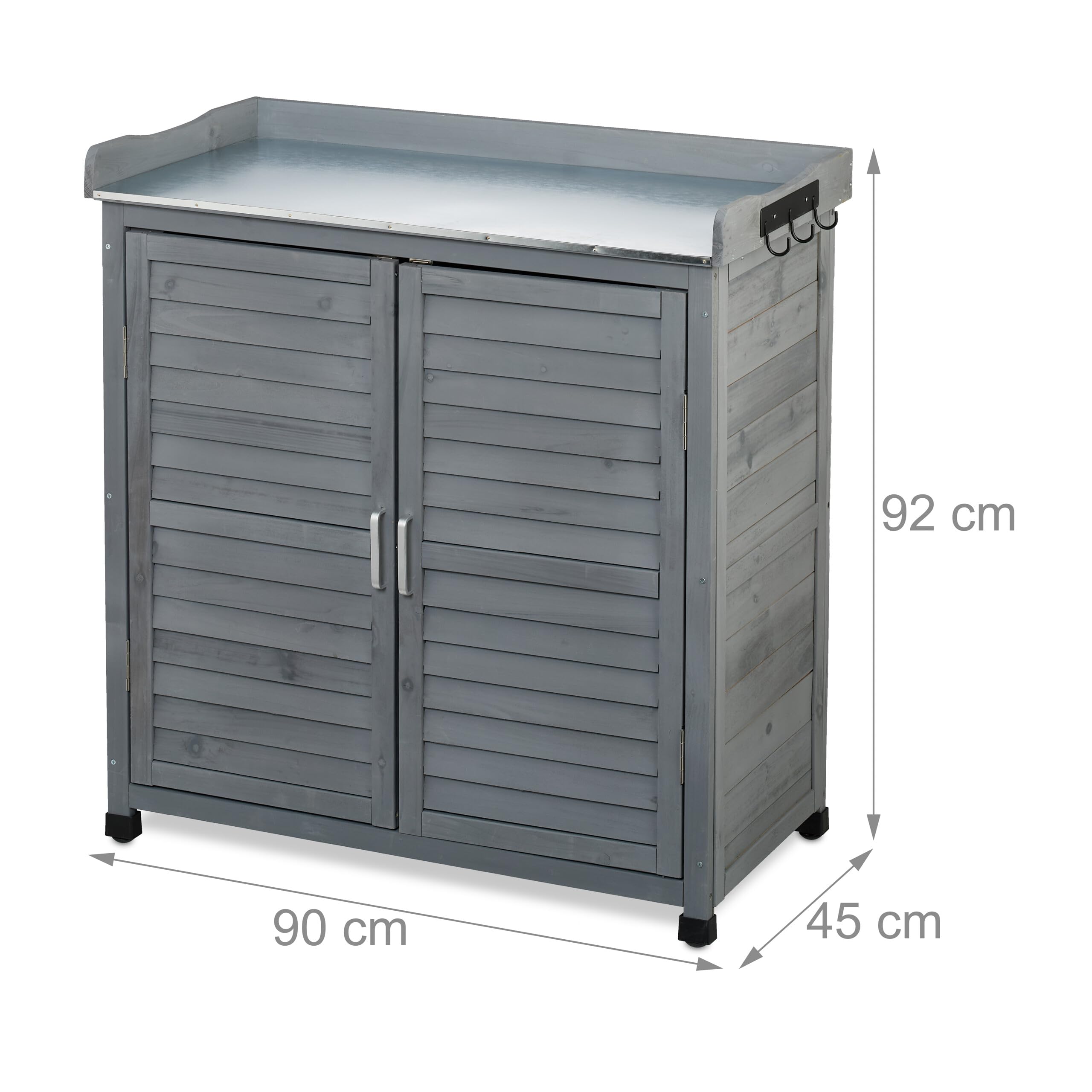 Relaxdays Pflanztisch mit Unterschrank, 3 Haken, Holz, Zinn Arbeitsplatte, HxBxT: 92 x 90 x 45 cm, Gartenschrank, grau