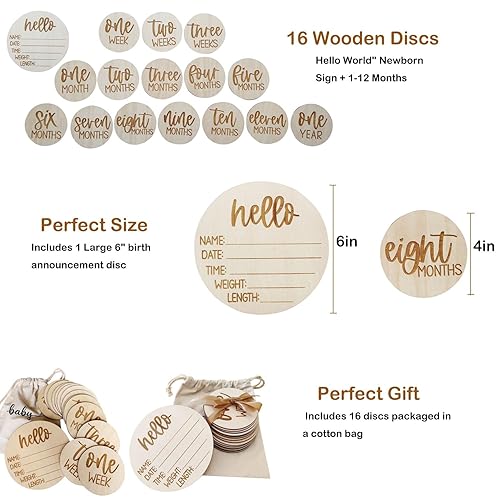 Miniatura 4 de Juego de 16 tarjetas y discos de madera para fotos de bebés e hitos del primer año  Nuevos padres y baby showers con letrero "Hello World" y