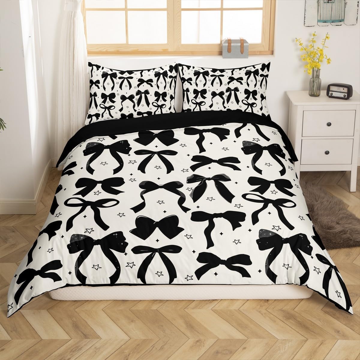 Feelyou Black Bowknot Decoration Comforter Cover Twin Size for Girls Adults Chic Black Bow Kids Bedding Set Kawaii Cartoon Style Duvet Cover with 1 Pillowcase