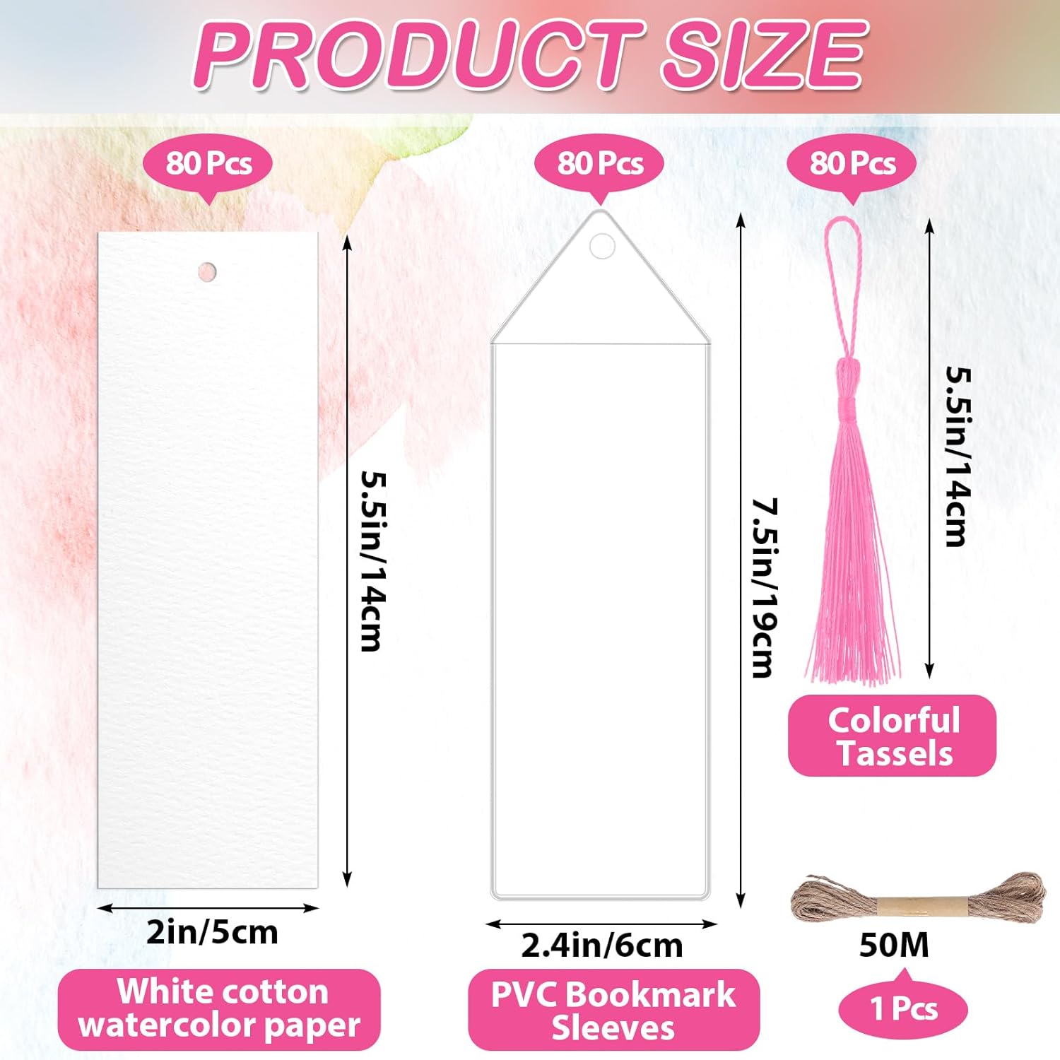 Marspark 241 Pcs Watercolor Bookmark Blank Watercolor Bookmark Paper with Sleeves Tassels Cotton White Cardstock to Paint DIY Book Marks Kit Christmas Projects Gifts PVC Tags Bulk, 5.5 x 2 Inch