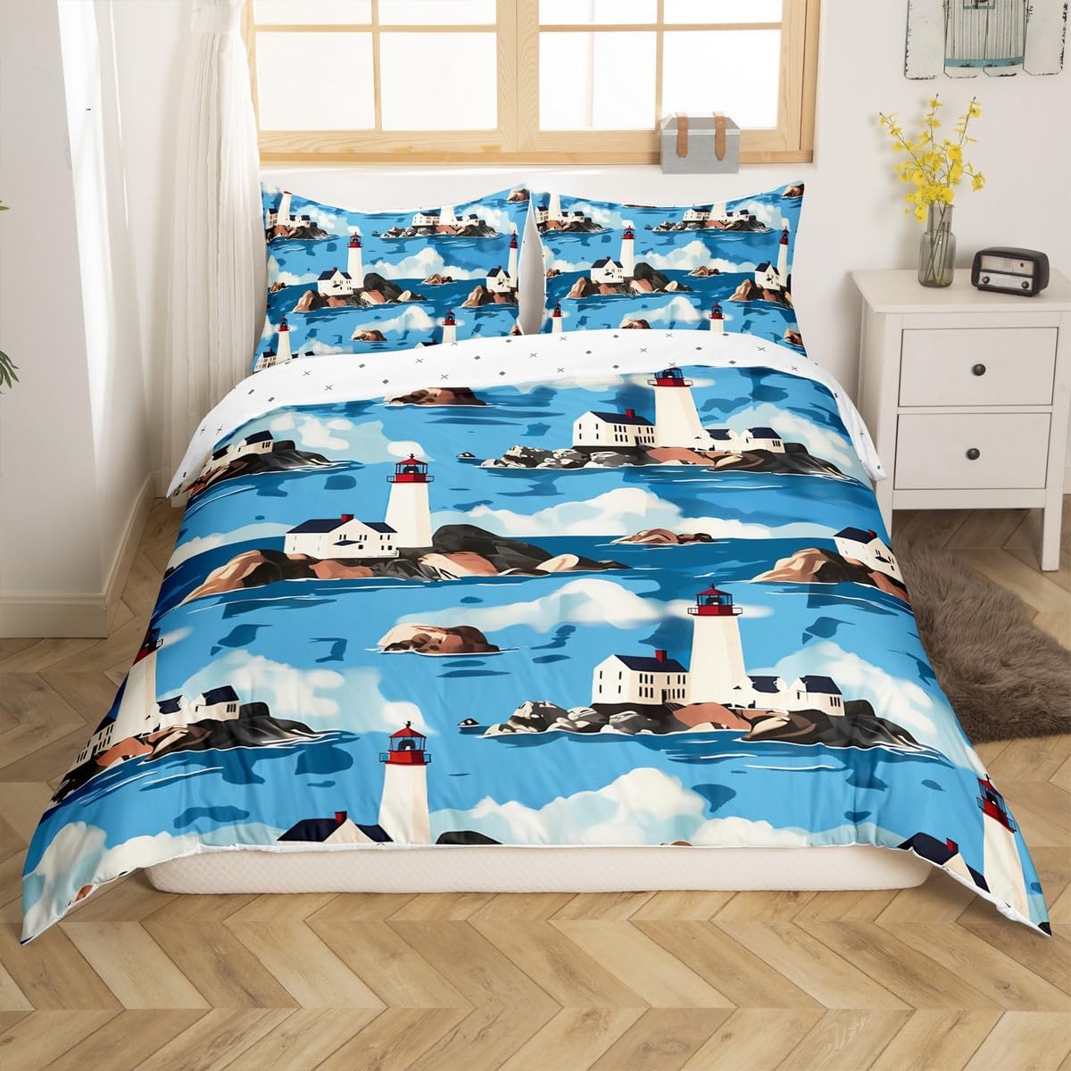 jejeloiu Summer Ocean Comforter Cover Toddler Kids Lighthouse Pattern Bedding Set for Boys Girls Hawaiian Beach Sea Nature Printed Duvet Cover Room Decor (No Comforter)