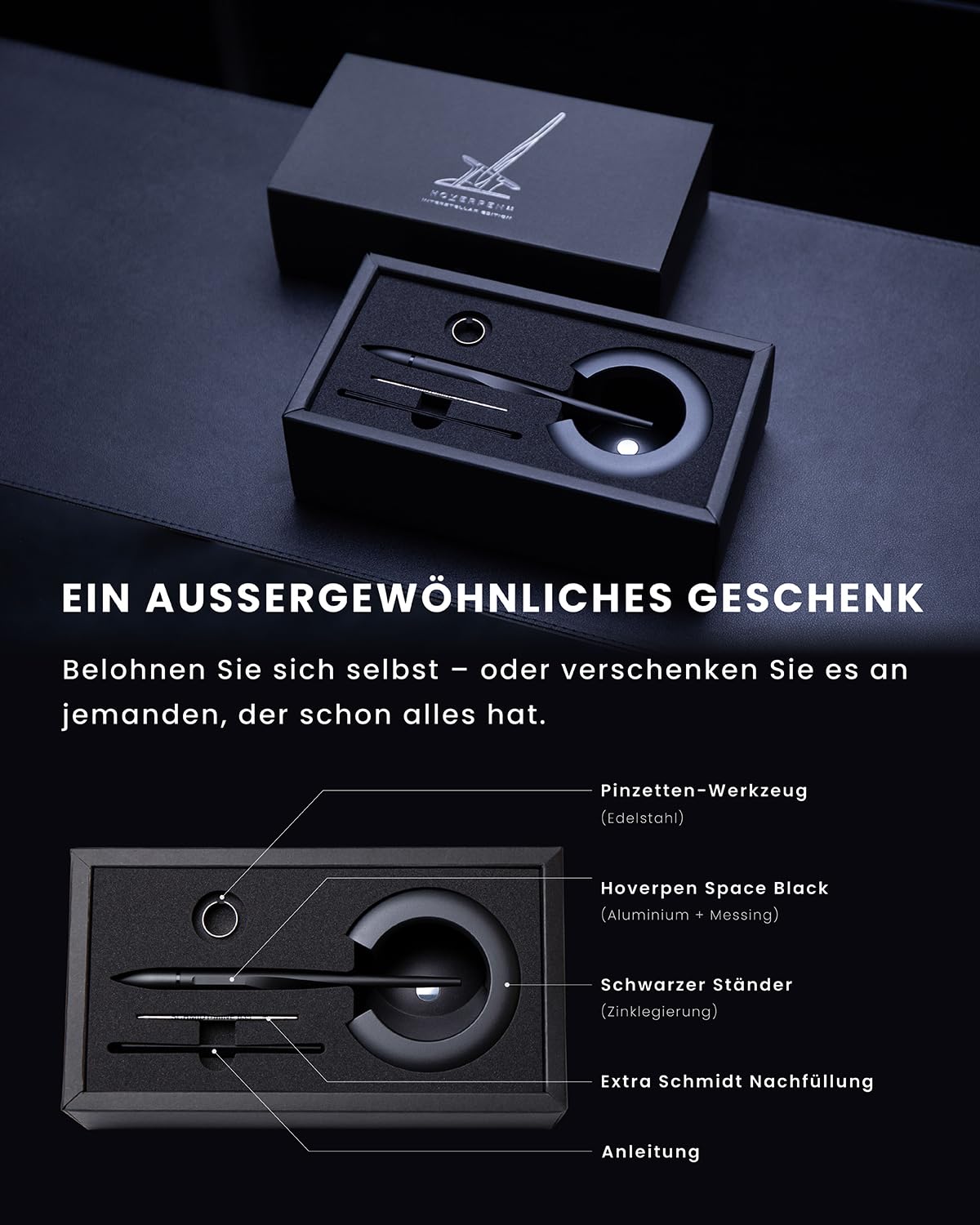 novium Hoverpen Interstellar - Anti-Schwerkraft-Kugelschreiber | Von der Raumfahrt inspiriertes Design mit magnetischer Schwebetechnik und Schmidt-Nachfüllminen | Luxus-Geschenkidee | Space Black
