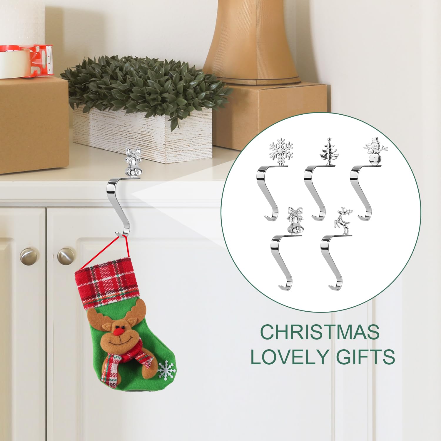 Gosknor 5pz Porta Calze di Natale, Acciaio Inox Ganci per Calza in Metallo Gancio per Calza Natalizia Ganci con Cuscinetto Antiscivolo per Decorazioni per Mensole di Camini