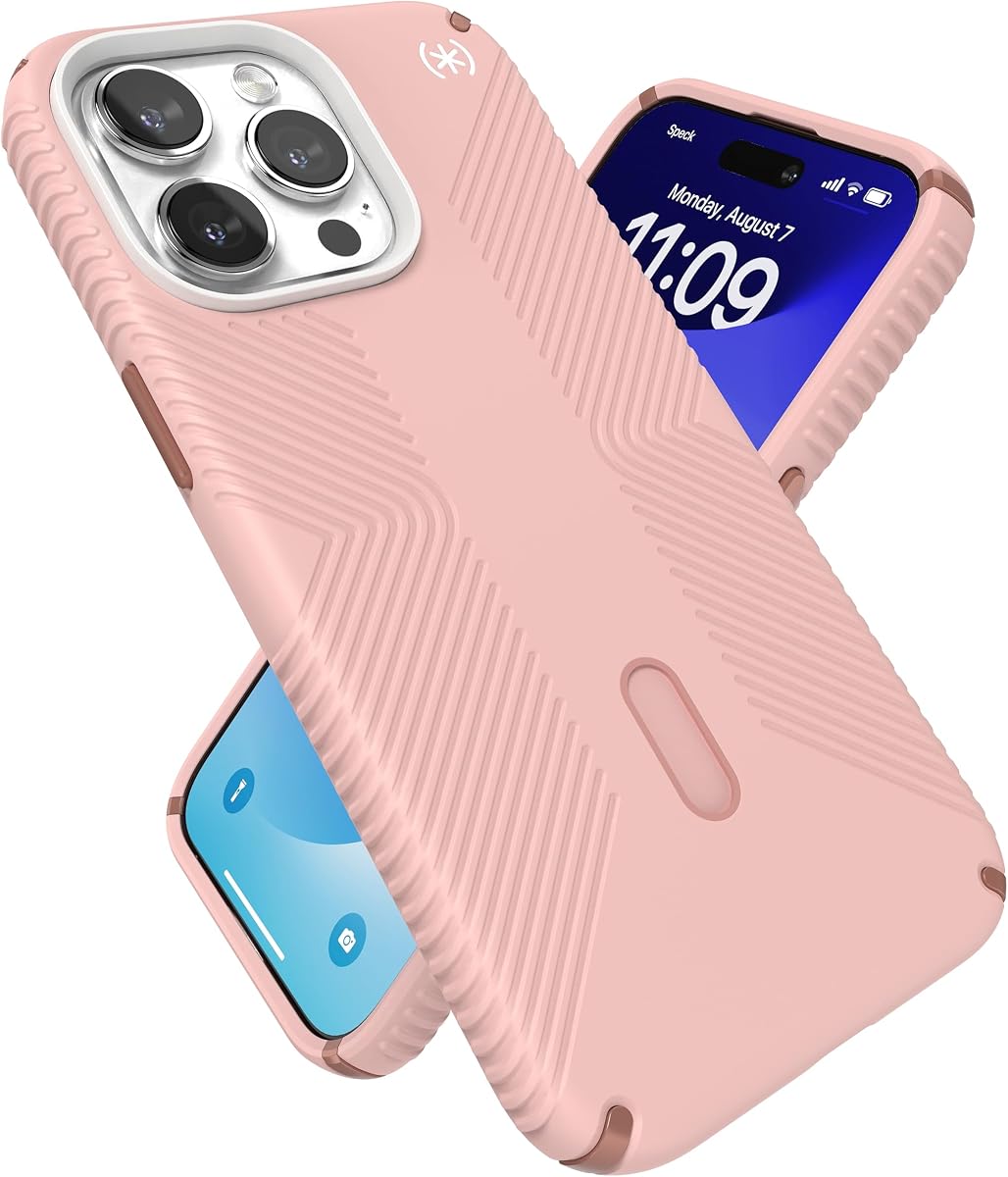 Speck - Funda para iPhone 15 Pro Max - ClickLock antideslizante, diseñada para MagSafe, agarre de protección contra caídas - resistente a los arañazos, suave al tacto de 6,7 pulgadas - Presidio2 Grip Dahlia rosa/cobre rosa/blanco