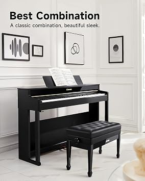 Donner Adjustable Duet Piano Bench with Storage, Solid Wooden Keyboard Bench Piano Bookcase Stool Chair Seat with High-Density Sponges Cushion, Black