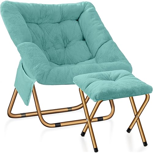 Kasunpul Comfy Saucer Chair, Foldable Living Room Chairs, Soft Faux Fur Lounge Chair for Bedroom, Reading Chairs for Adults, Teens, X-Large (Mint)