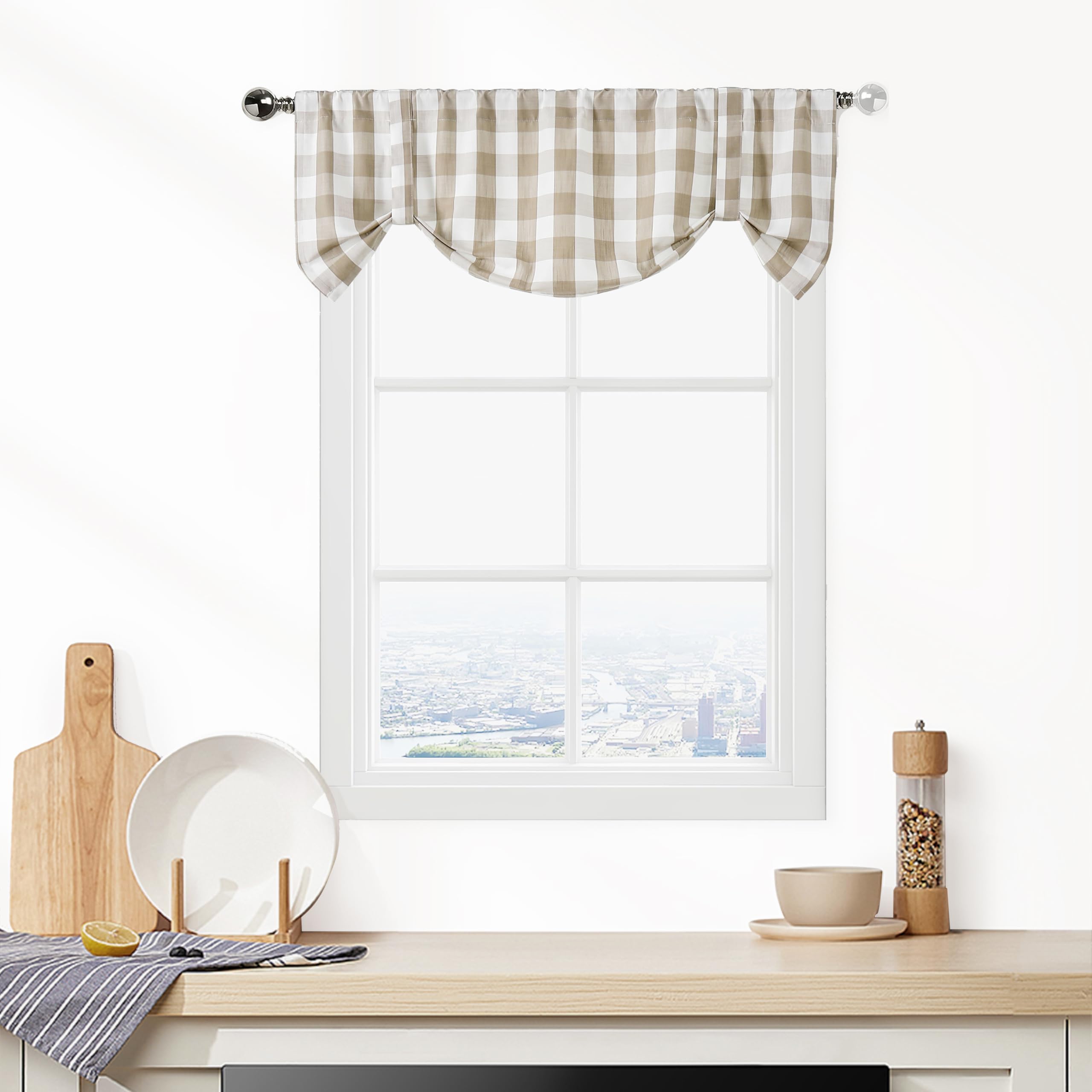 Bapawfish Red Tie Up Buffalo Check Curtain Valances for Windows, Burgundy Plaid Adjustable Tie-Up Shades Valance for Bathroom, Rod Pocket Farmhouse Cafe Curtains, 50" x 20", Red/White