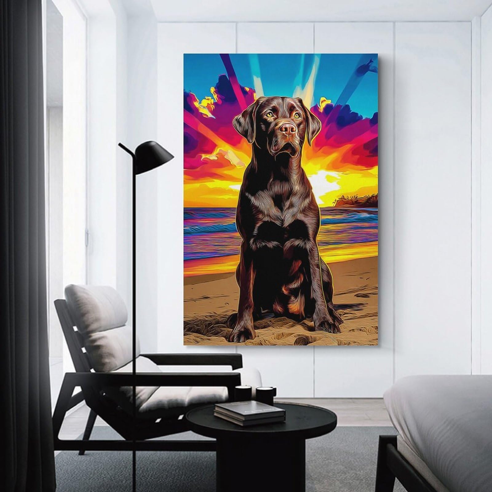 Junmoney Beach Sunset with Dog -3 Canvas Wall Decor 24x36inch(60x90cm), for Study, Office Or Focused Interiors, Wall Art That Adds Style to Work Areas