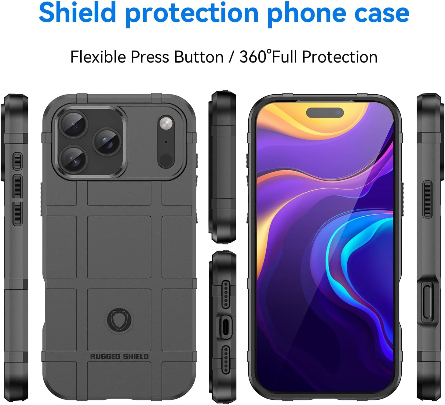 slim fit case for iphone 17 pro max,rugged shield outdoor durable phone case,military grade anti-drop protection and camera lens protection cover for iphone 17 pro max,hd black