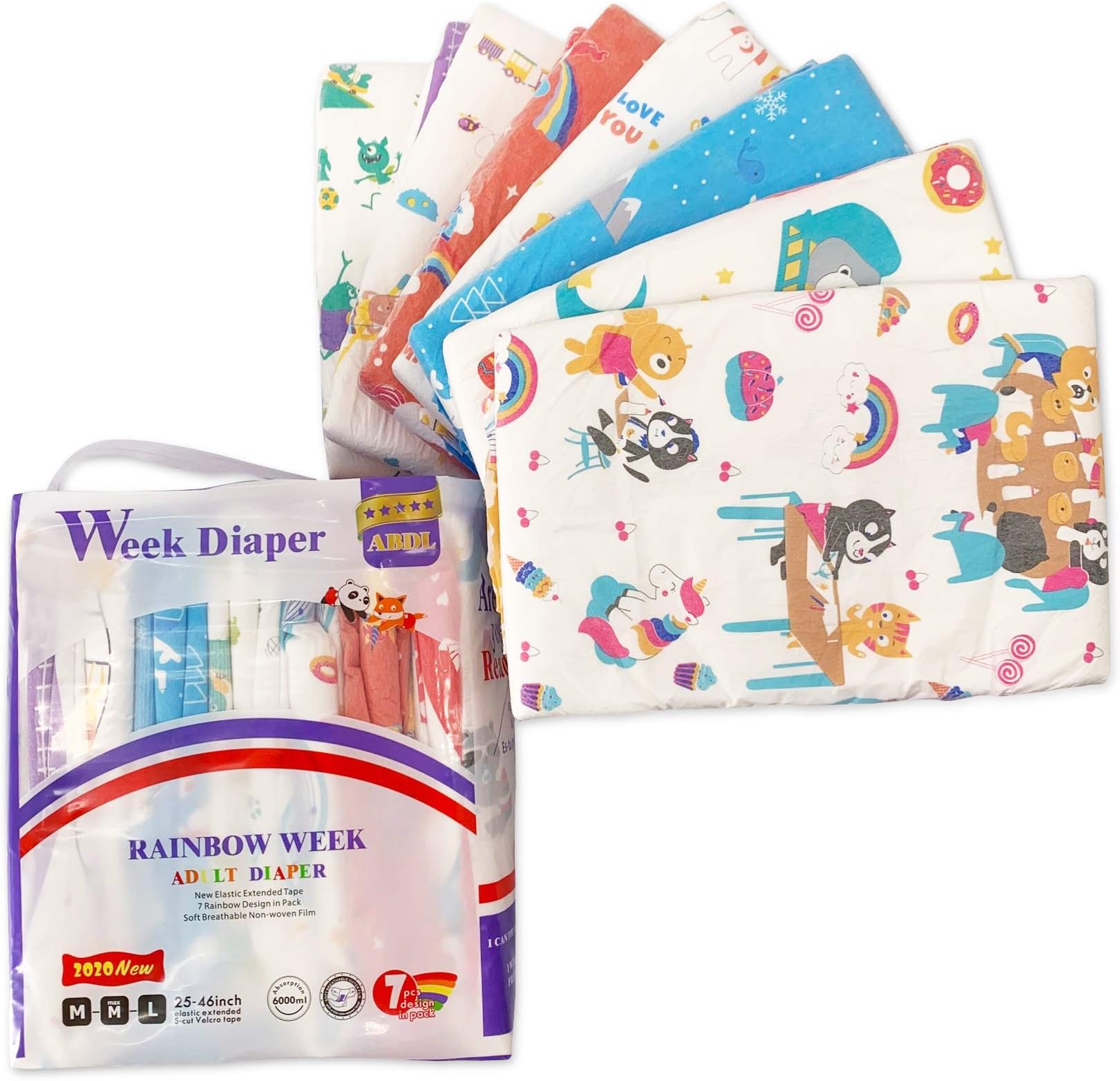 Adult Diaper One time Diaper Adult Baby Diaper Lover ABDL 7 Pieces (Rainbow Week Diaper)