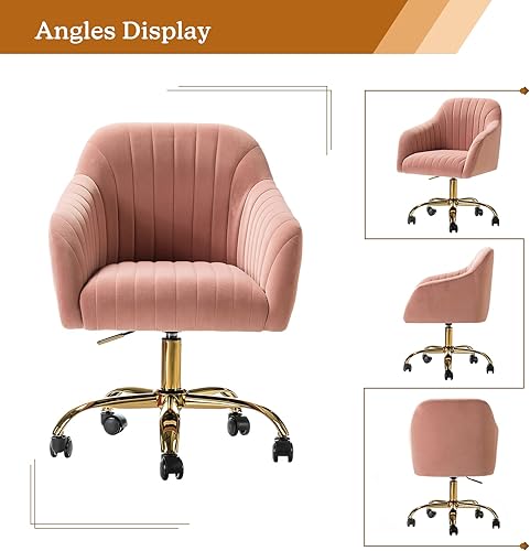 Miniatura 9 de TINA'S HOME Silla de escritorio de terciopelo para oficina en casa con base dorada, moderna y bonita silla de trabajo para computadora, ruedas