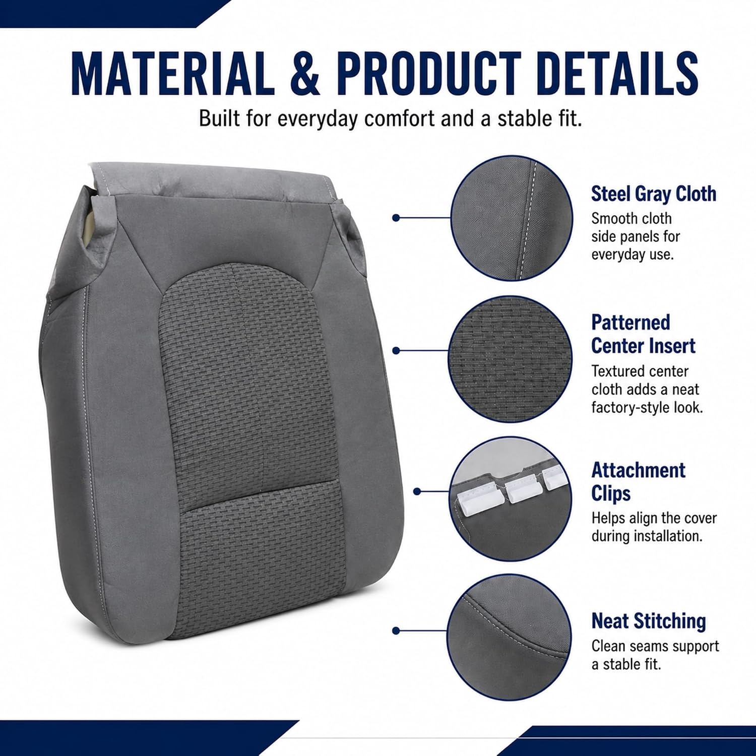 Driver Side Bottom Replacement Seat Cover Cloth Gray Compatible with Ford F250 F350 F450 F550 2011 2012 2013 2014 2015 2016