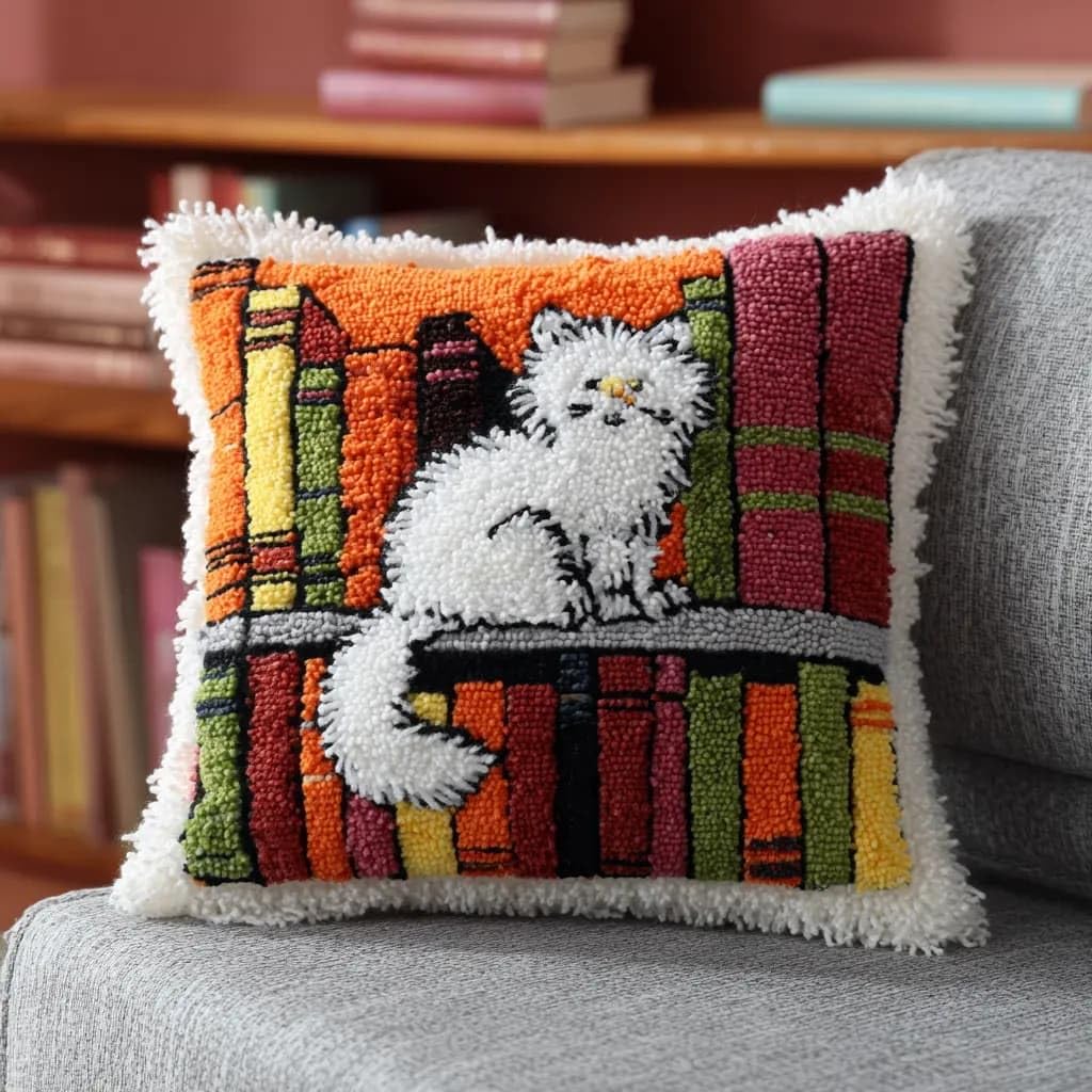 Taxpy Latch Hook Cushion Kits Cat Pillowcase Kits Embroidery Kit 17X17 Inch DIY Needlework Pillow Cover Sofa Cushion Rug Making