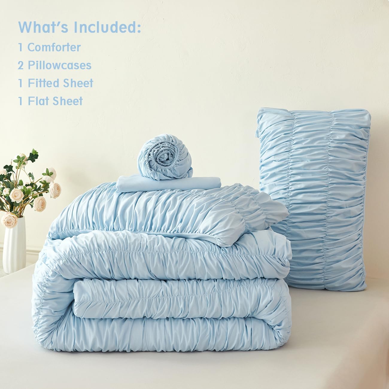 PERFEMET Queen Size Bed in a Bag Light Blue 5 Pieces Fluffy Boho Ruched Comforter with Sheets Luxury Soft Pleated Texture Bedding Comforter Set All Season Lightweight Vintage Ruffle Bed Sets, 90"x90" - Image 6