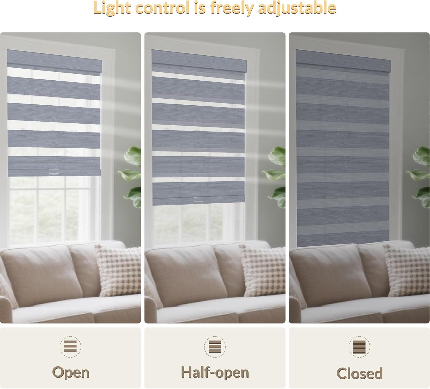 Three images showing the zebra blinds in open, half-open, and closed positions, demonstrating light control.