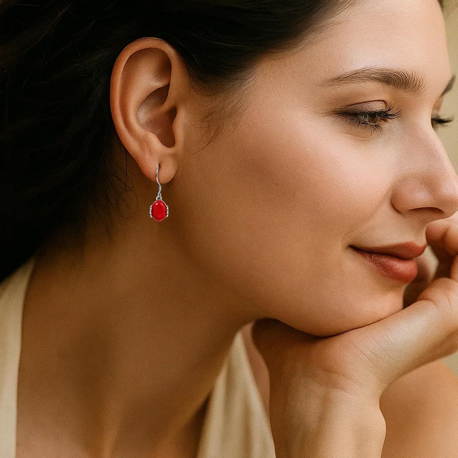 Vintage Silver Drop Dangle Earrings with Oval Red Green Stone, Elegant Birthstone Jewelry Ruby Emerald Earrings for Daily Wear - Image 5