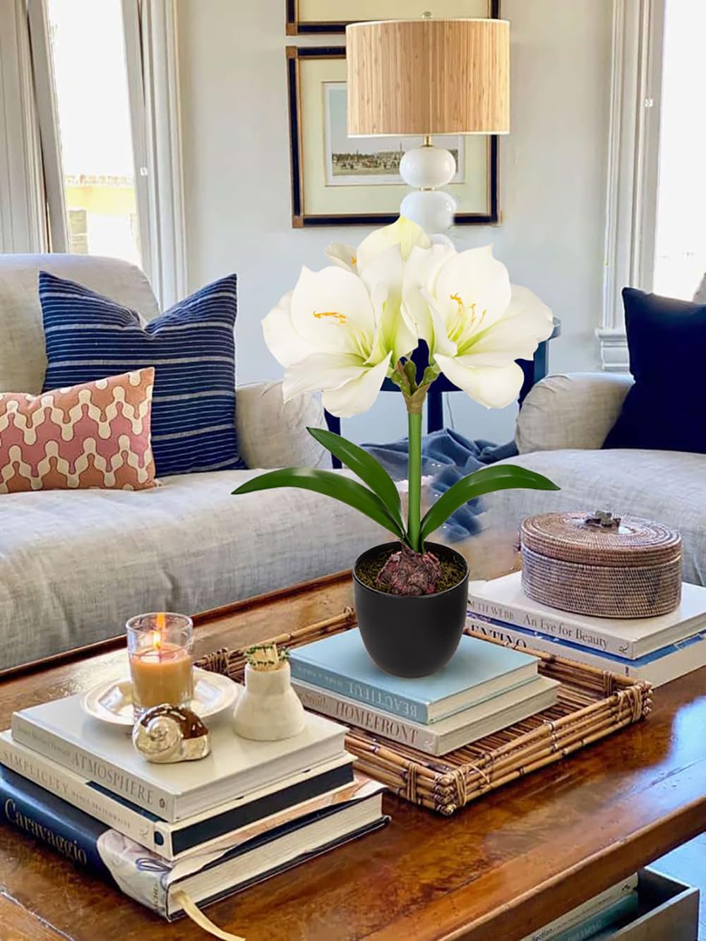 Briful White Amaryllis Fake Flowers 17.3'' Tall Silk Amaryllis Plant in Black Pot Artificial Floral Arrangement with Decorative Bulb for Home Office Bathroom Kitchen Table Holiday Décor - Image 6