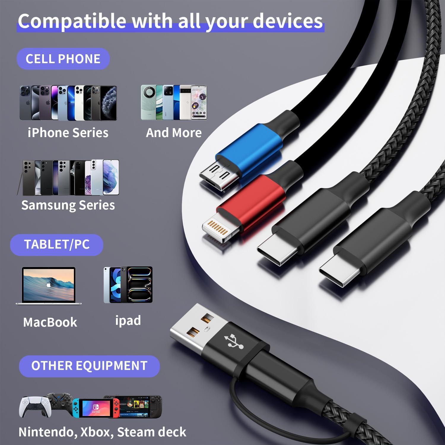 Travel 4 in 2 Charging Cable, USBA/C Multi Charging Cable for Multiple Devices with Two Type-C/Lightning/Micro USB, iPhone Charger Cord for iPhone17-12, Androids iPad, Car Accessories (2Packs, 5FT) - Image 7