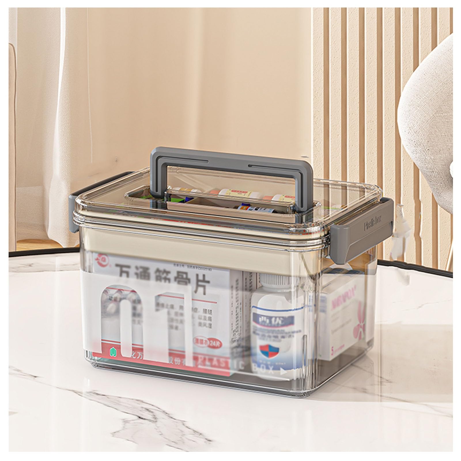 Translucent Dual-Layered Portable Medical Kit Compact Pill Organizer with Compartments Handles and Carabiners for Extended Storage