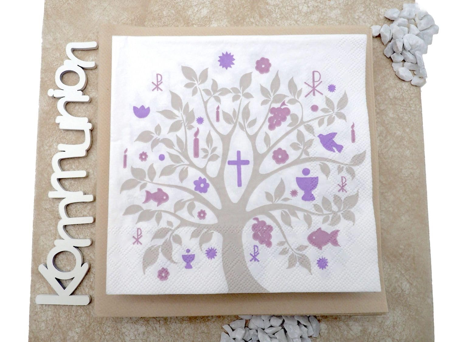 ZauberDeko Tischdeko,Baum des Lebens' in Beige & Lila Flieder - komplettes Deko Set für Kommunion Konfirmation