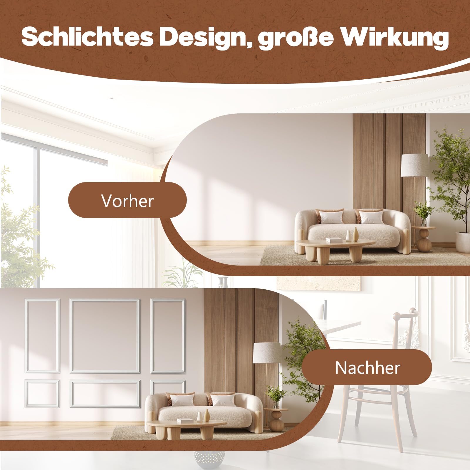 Wandpaneel-Set – 6 Stück Zierleisten-Set für Akzentwand & Wandverkleidung – Lackierbar & Feuchtigkeitsresistent – Für Wohnzimmer, Schlafzimmer & Innenräume – DIY Installation