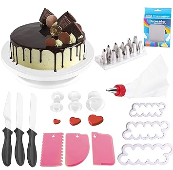 SHREEJI Industries Cake Combo Decorating Stand with 15 Piece Cake Decorating Nozzles Set with 3pcs Scraper, Rose Cutter, Heart Fondant, 3 Set Pallet Knife