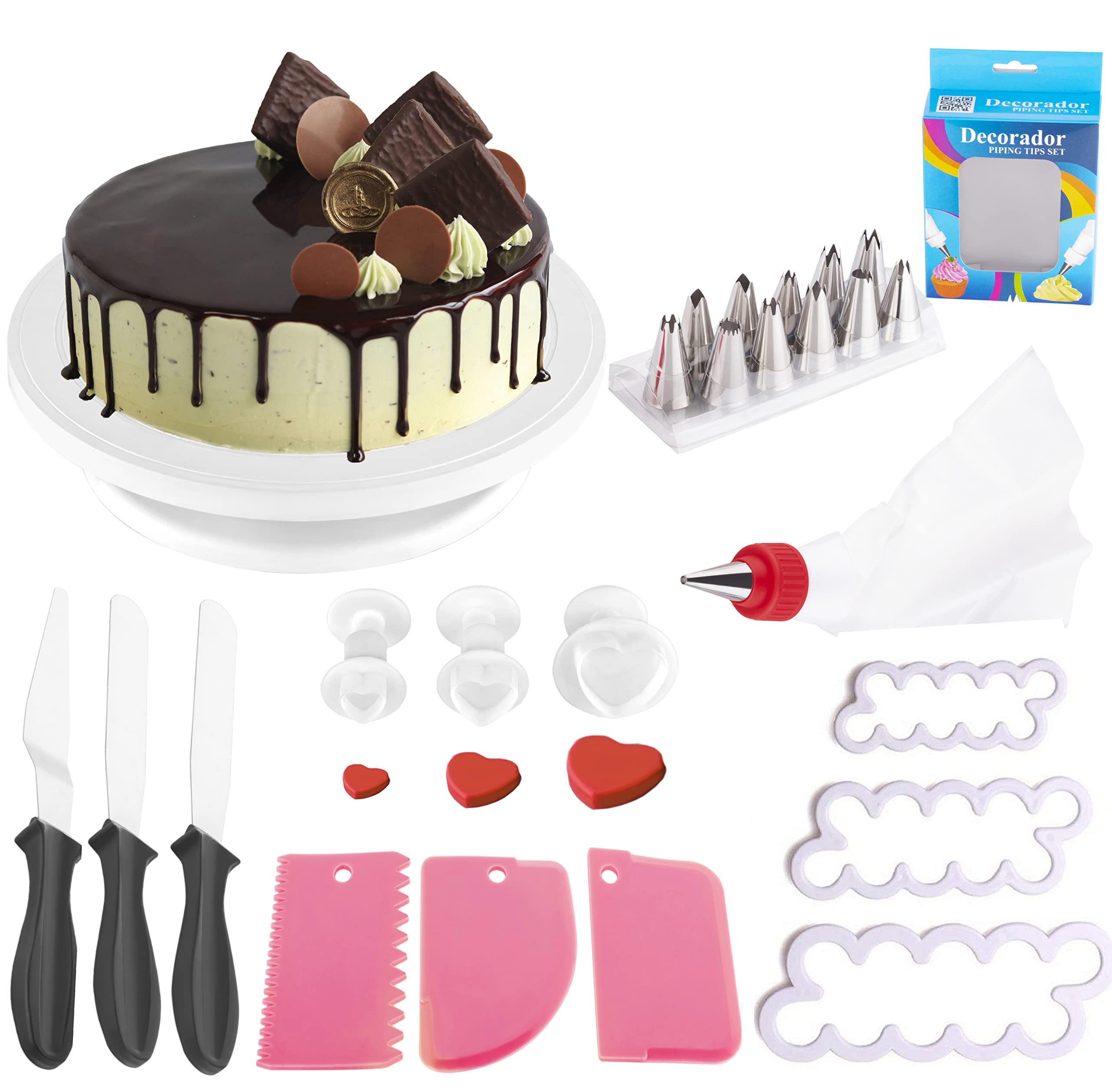 JD Brand Cake Combo Decorating Stand with 15 Piece Cake Decorating Nozzles Set with 3pcs Scraper, Rose Cutter, Heart Fondant, 3 Set Pallet Knife