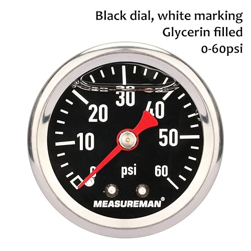 Miniatura 35 de MEASUREMAN - Manómetro de presión de combustible, 0 a 15 psi, acero inoxidable, relleno de glicerina, esfera negra de 1.5 pulgadas, adaptador en T
