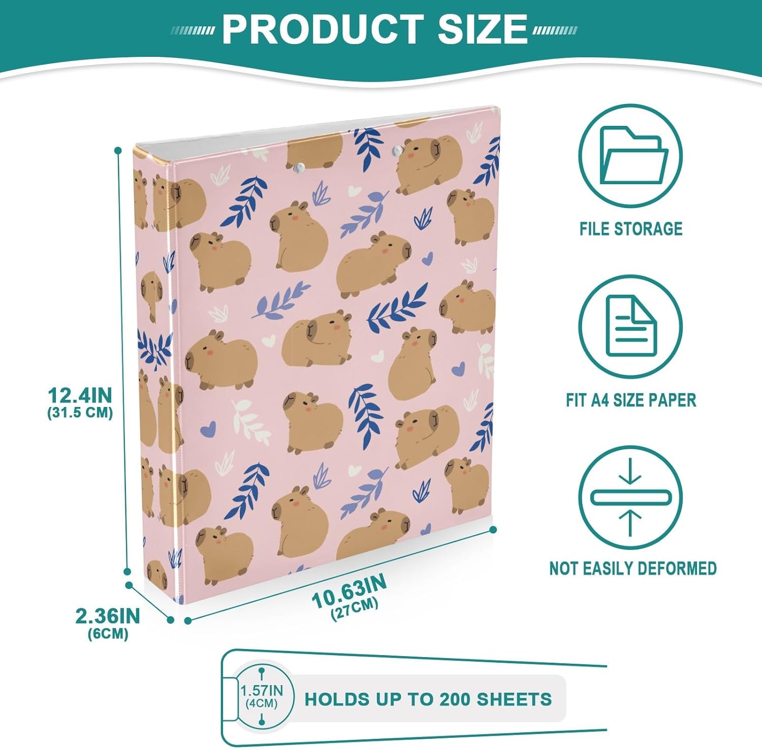 Cute Capybara with Leaves 3 Ring Binders with Clipboard File Folder for Office School with Pocket