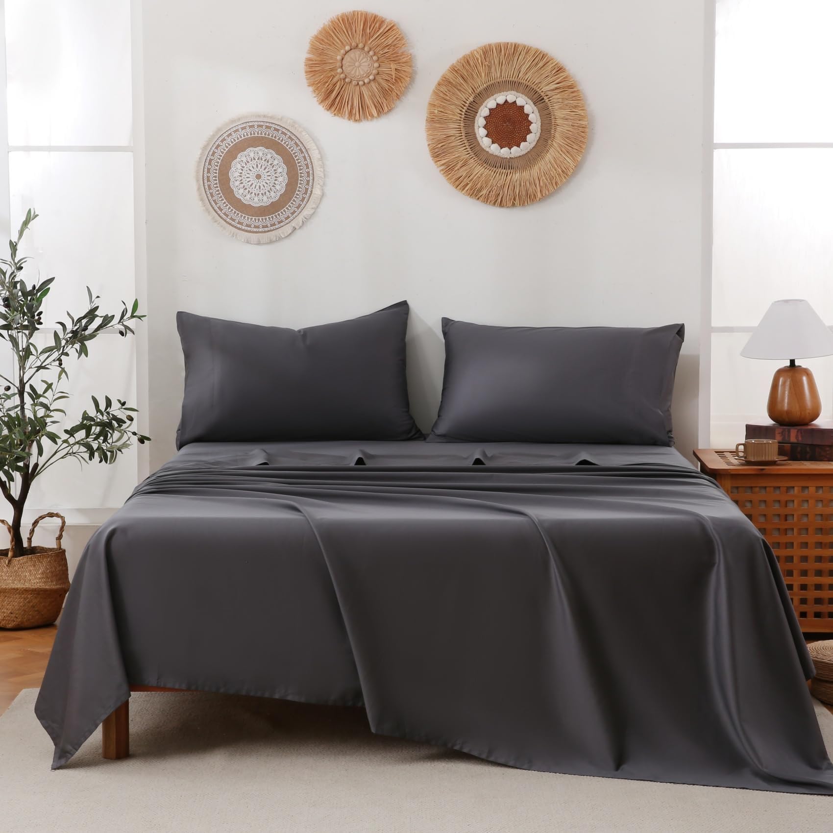 100% Cotton Sheets Queen Size Sheet Set with Deep Pocket Fitted Sheet Up to 16" Luxury Hotel 400 Thread Count Bedsheet Soft Breathable Bedding Simple Dark Grey Bed Sheets