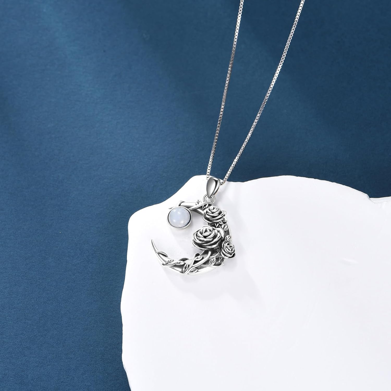 Crescent Moon and Rose Necklace, 925 Sterling Silver Natural Moonstone Pendant, Mystical Floral Celestial Jewelry Gift for Women - Image 3