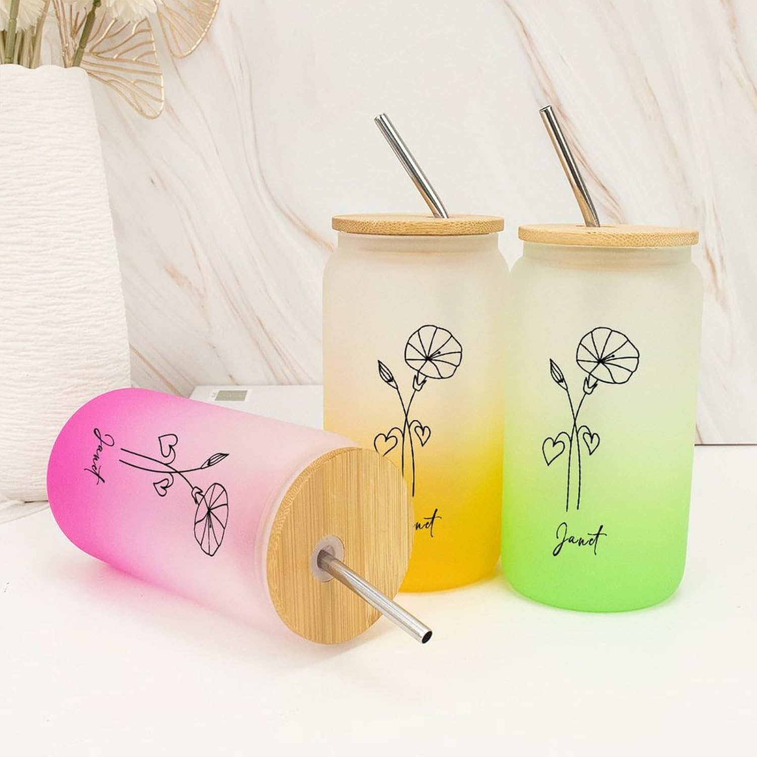 Birth Flower Drinking Cup Set with Bamboo Lid & Straw Customized Birthflower Iced Coffee Cups with Name Bachelorette Party Women’s Day Gifts for Girlfriend Office 16oz Glass Water Bottle