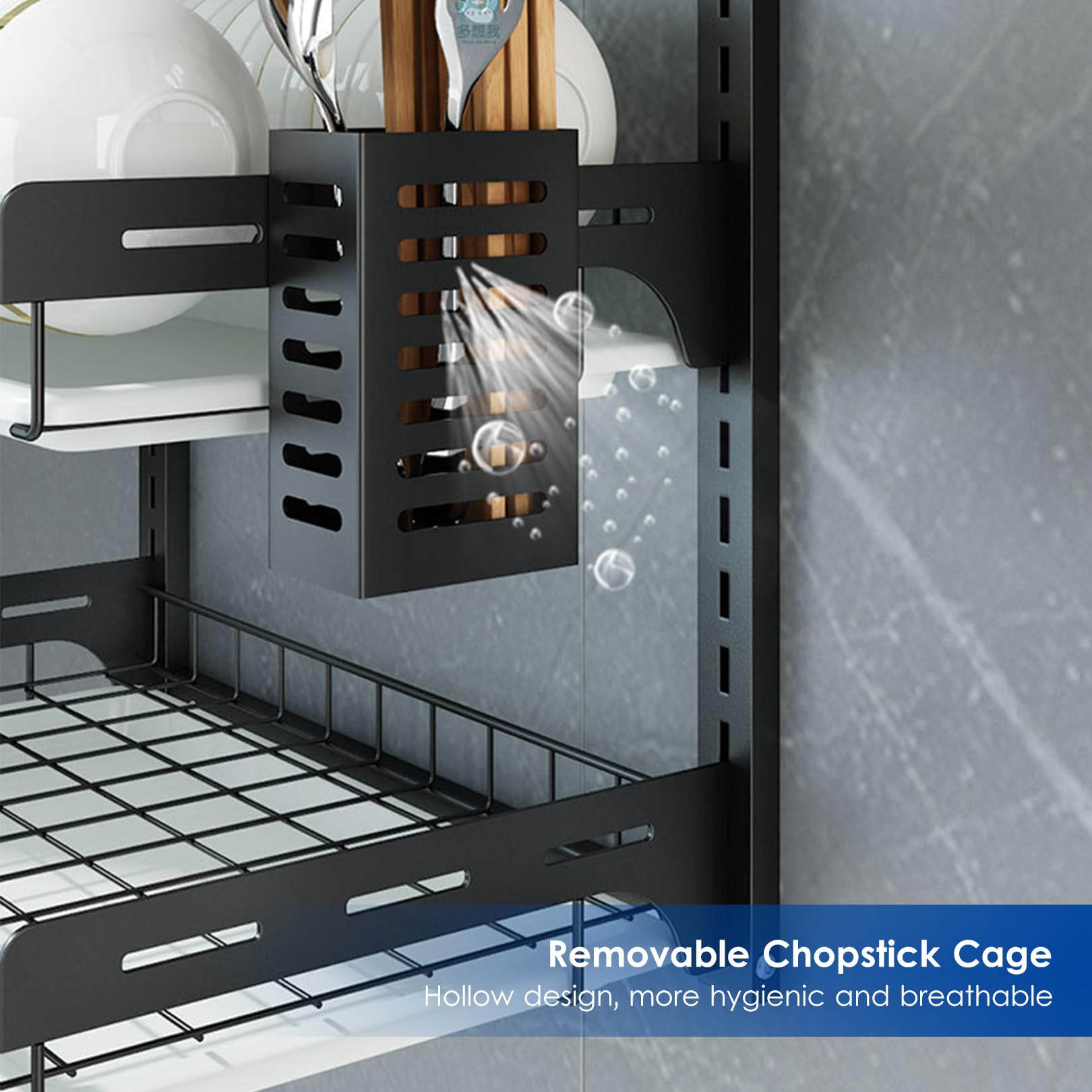 Support Mural Suspendu pour Cuisine, égouttoir à Vaisselle, étagère de Rangement pour Assiettes à 2/3 Niveaux avec bac de Drainage, Porte-Couteaux et Cage à Couverts (3 Niveaux)