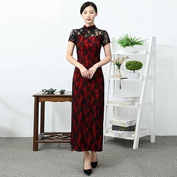 REDBMX Chinese Women Dress Red Color Cheongsam Retro Improved Fashion Dance Cheongsam Lace Long High Slit Long Stage Costume