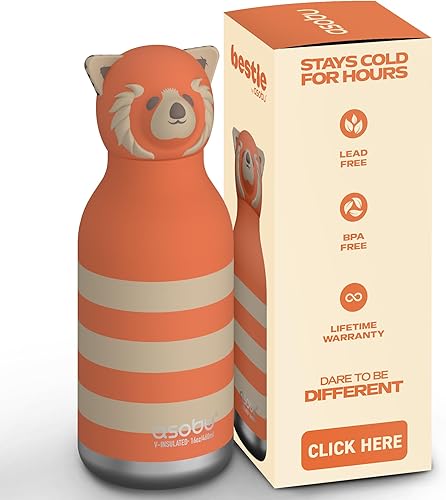 asobu Bestie Botella de agua aislada de acero inoxidable con cabeza de animal suave desmontable, bebida divertida para niños y adolescentes con