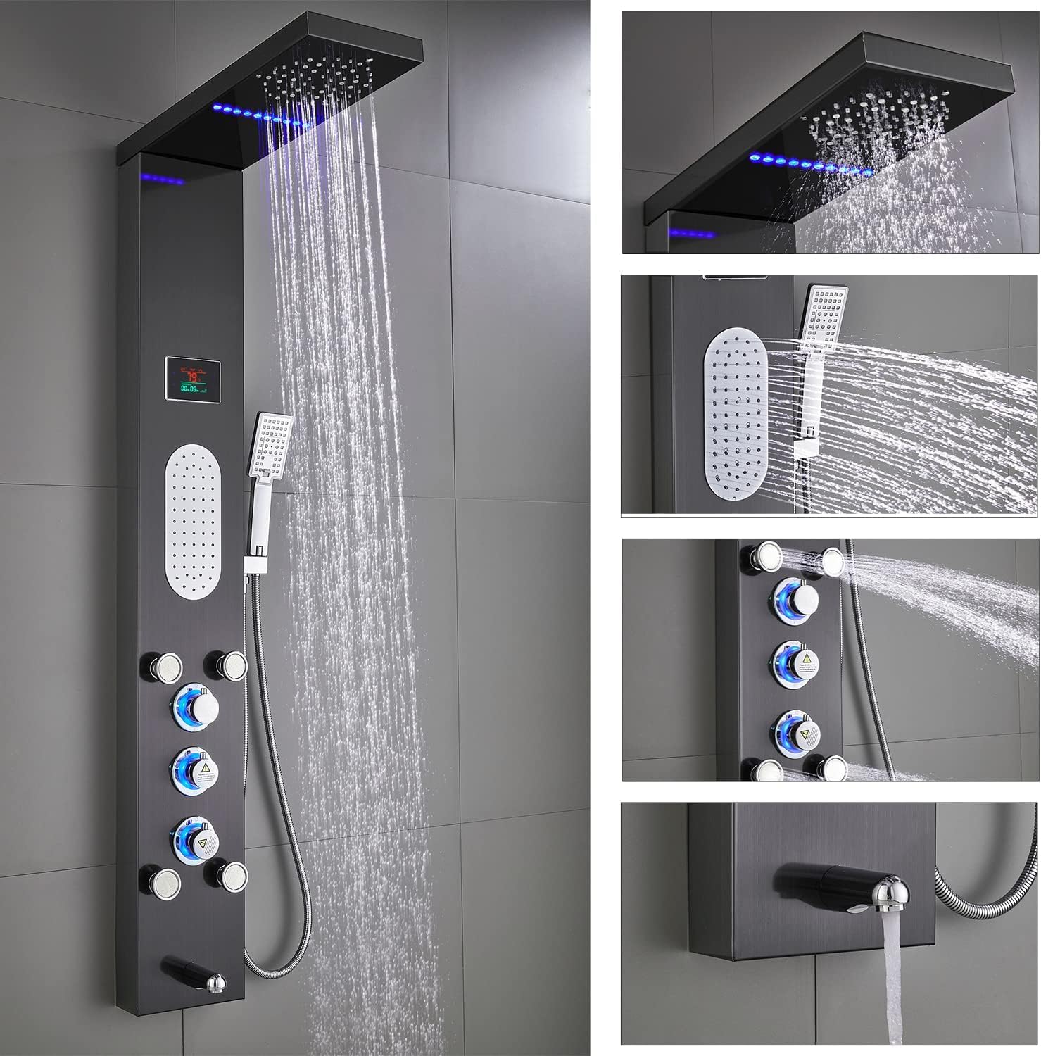 Close-up views of the ELLO&ALLO Shower Panel's features, including the rainfall head, handheld shower, and control knobs.