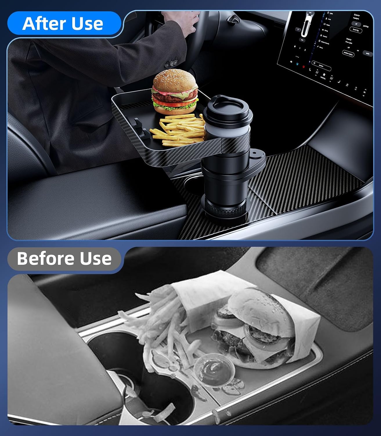 Car Cup Holder (2.9 inches in Diameter) Tray Table, Swivel Car Food Tray for Passenger Seat for Eating, Cup Holder Expander with Phone Holder, Drink Holder for Car, Road Trip Essentials