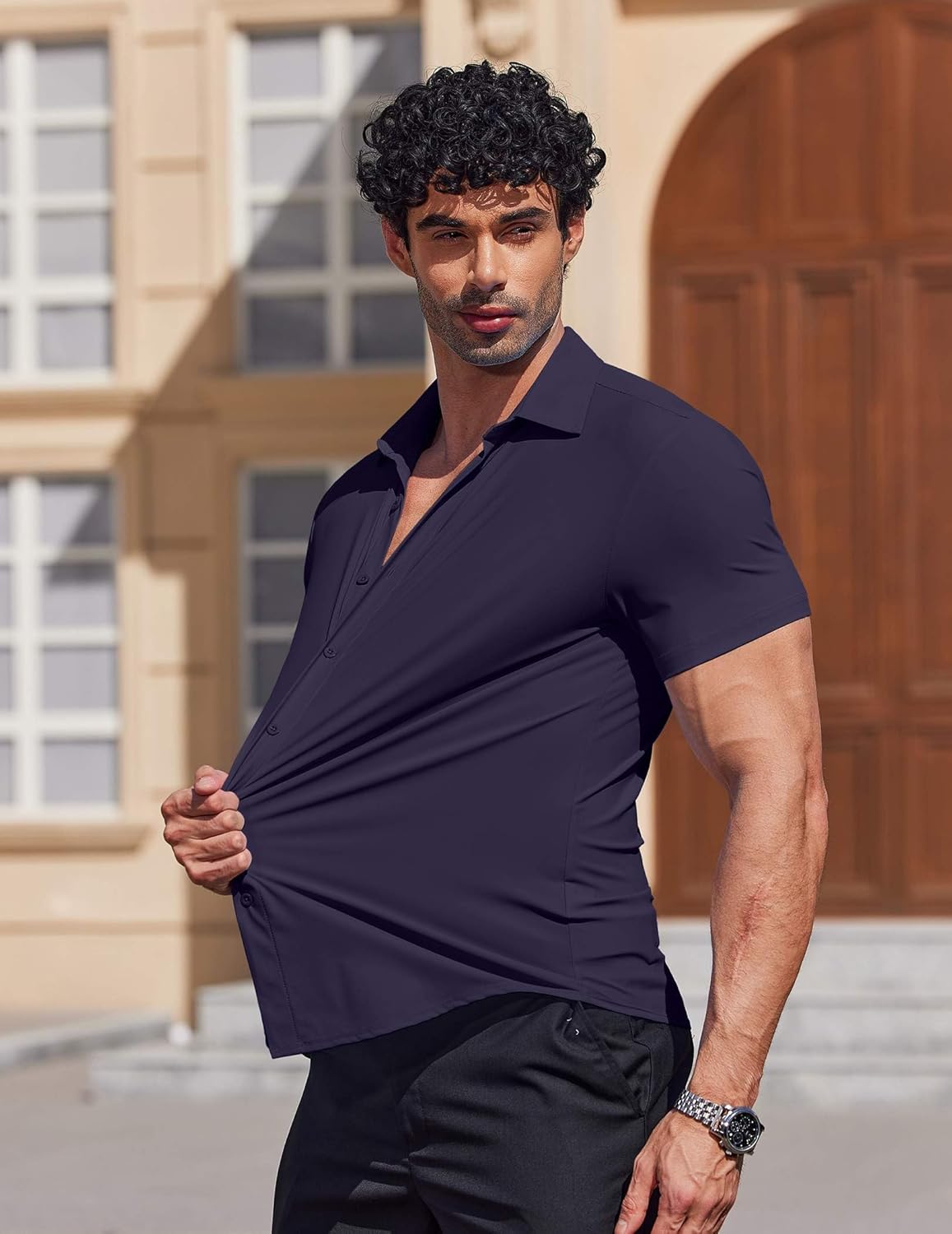 COOFANDY Mens Muscle Fit Dress Shirts Stretch Wrinkle Free Short Sleeve Button Down Shirt Casual Solid Untucked Shirt - Image 4