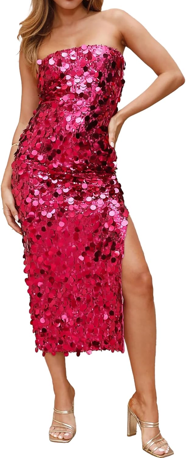 YYA Women's Midi Strapless Dress Sequin Strappy Bodycon Party Dress Sparkly Glitter Ruched Party Club Dress,S-XL