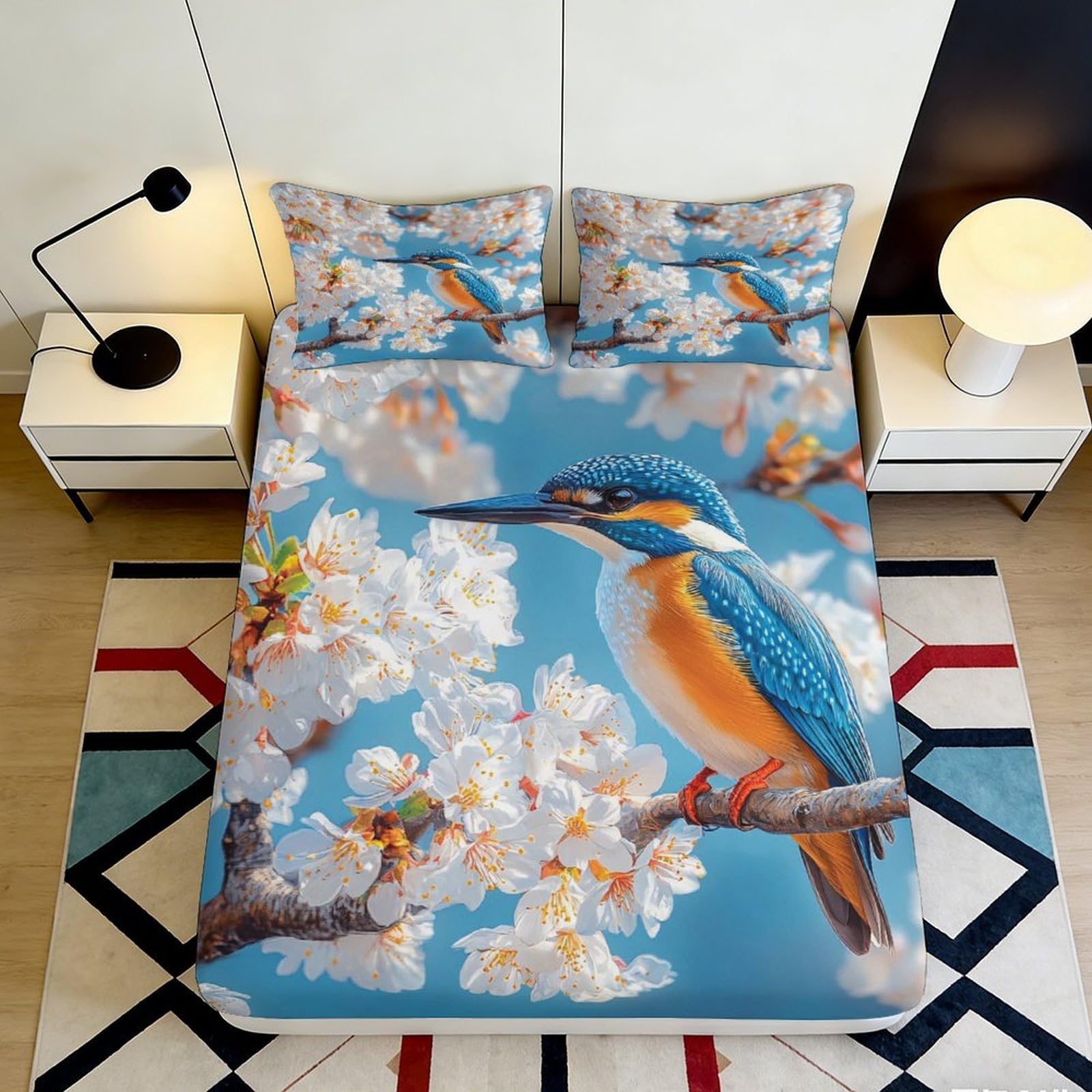 3D Printed Kingfisher Bird Fitted Sheet Microfiber Soft Breathable Cherry Blossom Bed Cover for Bedroom Dormitory Guest Room Mattress Protection Decor 120x200x25cm