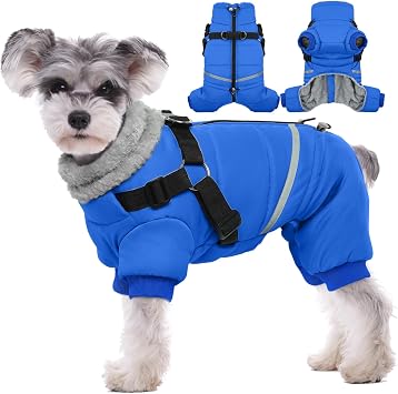 BRKURLEG Small Dog Coat with Harness, Full Body Dog Winter Jacket, Blue, S