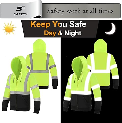 Miniatura 4 de sesafety Sudadera de seguridad de alta visibilidad para hombre, sudadera con capucha reflectante con cremallera clase 3, sudadera con capucha de