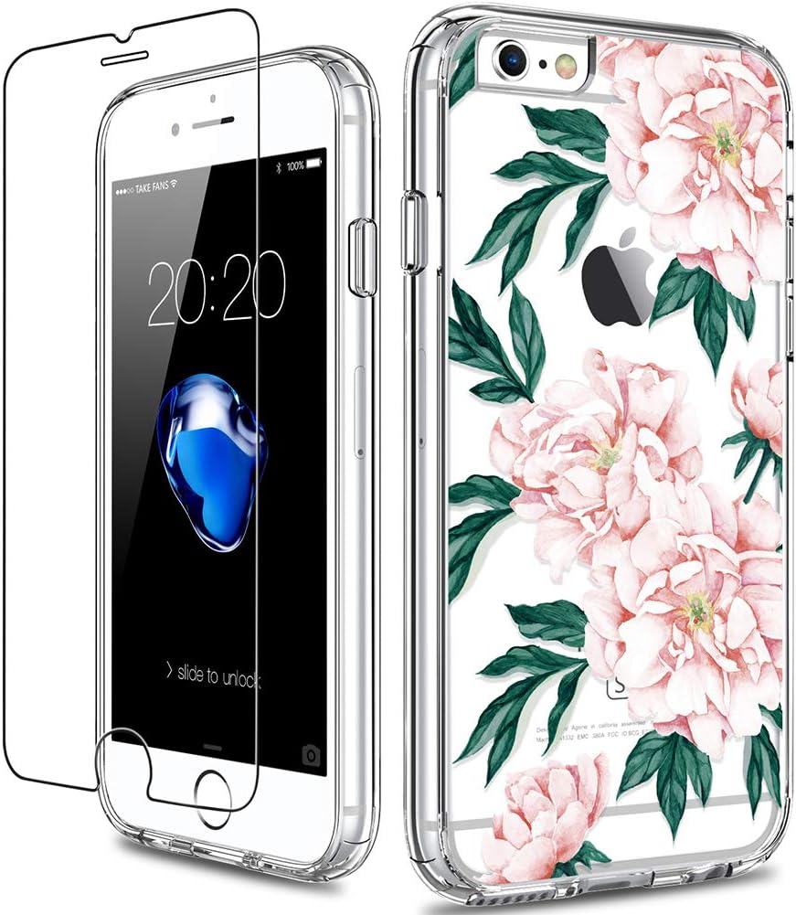 GiiKa iPhone 6 6s Case with Screen Protector, Clear Heavy Duty Protective Case Floral Girls Women Shockproof Hard PC Back Case with Slim TPU Bumper Cover Phone Case for iPhone 6s, Pink Flowers